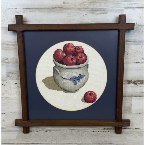 Vintage Finished Cross Stitch Bowl Of Apples Picture Framed Primitive - Picture 1 of 5
